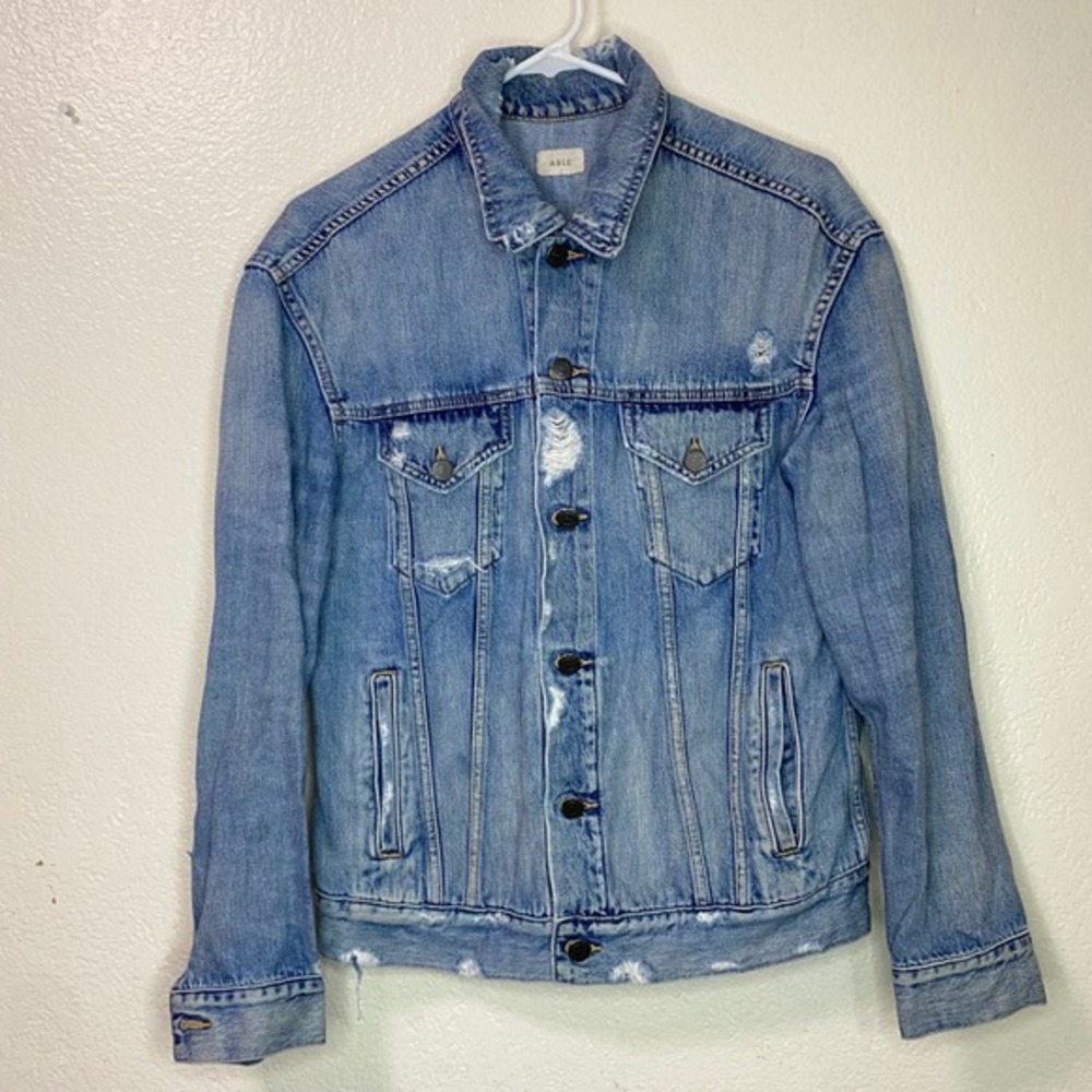 ABLE Merly Distressed Denim Trucker Jacket Light Wash Blue Cotton Lyocell Grunge